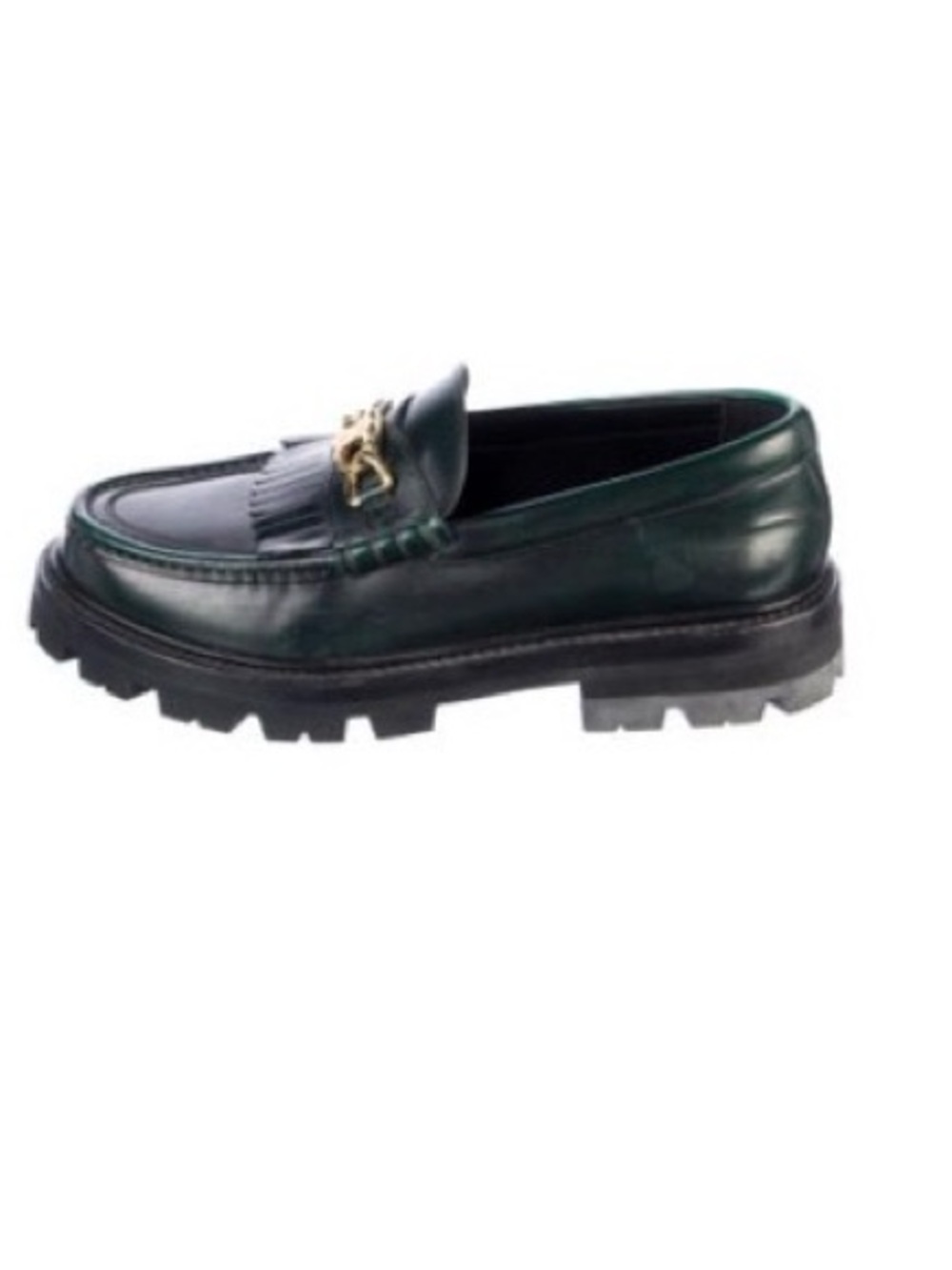 Celine Green Leather Margaret Loafer with Gold Chain Accent